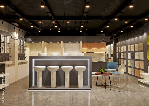 Bild auf Leinwand Bathroom showroom displays toilets sinks and wall tiles in a modern setting