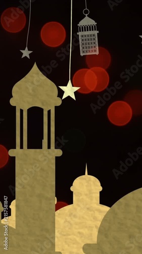 Moon, stars and lamps hanging against multiple mosque icons and red spots with copy space