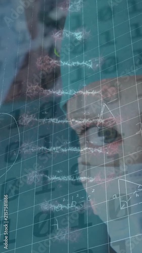 Animation of binary coding and dna strand over caucasian nurse with face mask