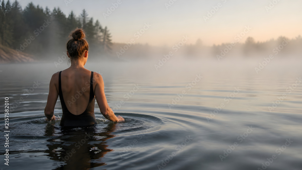 Fototapeta premium Woman wading into a calm lake surrounded by thick morning mist at sunrise