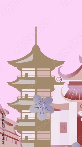 Animation of flowers falling over japanese buildings on pink background