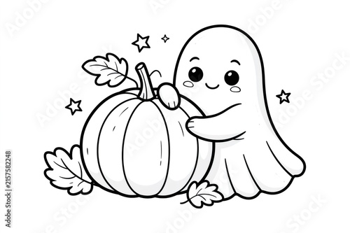 Cute Halloween ghost embracing pumpkin coloring page
