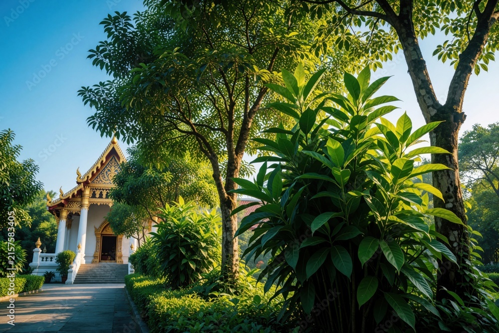 Obraz premium Traditional Thai temple building with golden roof stands in green garden. Tall tropical trees, leafy plants grow near white buddhist architecture. Sunny day at religious site with blue sky, summer
