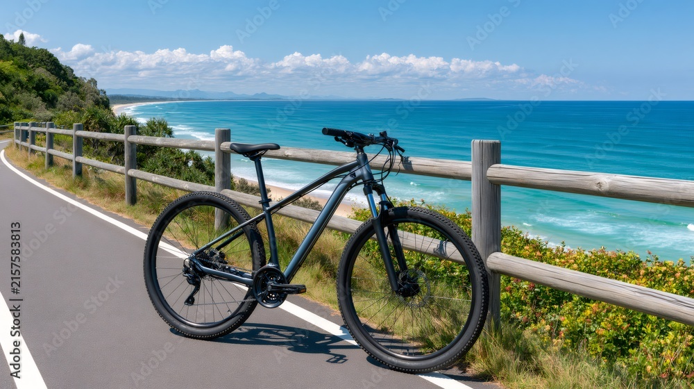 Fototapeta premium Mountain bike standing on coastal path overlooking ocean