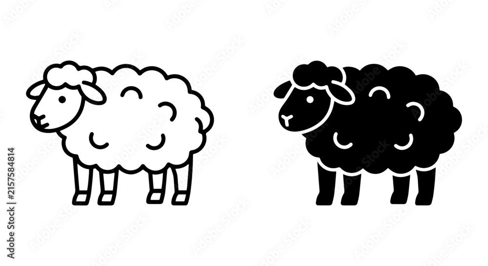 Obraz premium Simple Sheep Icons, Black and White Vector Graphics, Farm Animal Illustrations, Livestock Silhouettes