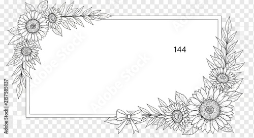 Hand drawn sunflower and leaf line art border frame with decorative bow