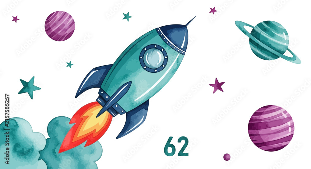 Fototapeta premium Illustrated rocket ship launching into space with planets and stars watercolor style