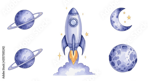 Illustrated rocket ship launching into space with planets and moon in a night sky