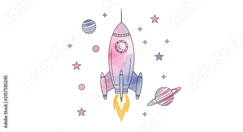 Illustrated rocket ship launching into space with planets and stars in pastel watercolor style