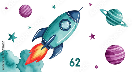 Illustrated rocket ship launching into space with planets and stars watercolor style