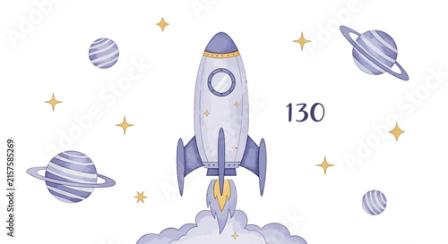 Illustrated rocket ship launching through space with planets and stars
