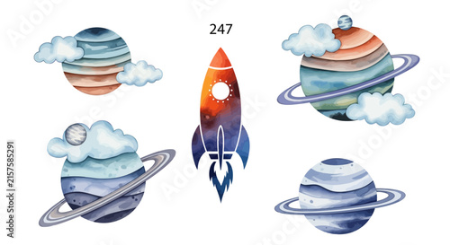 Illustrated space rocket launching past colorful ringed planets and soft clouds