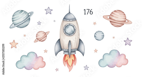 Illustrated space rocket launching among pastel planets and stars in a cartoon style
