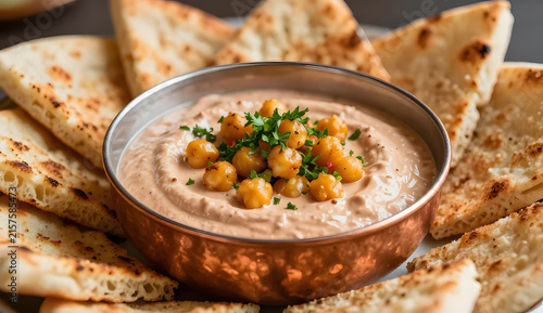 Harissa dip inside a shallow copper-toned bowl, topped with crispy chickpeas and finely chopped parsley, toasted flatbread fragments forming a geometric ring around the bowl, extreme macro photography