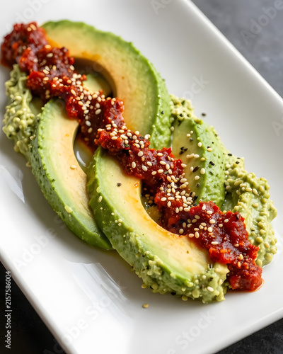 Harissa dip with avocado dip forming intertwined ribbons, red harissa and green avocado piped into elegant waves across a rectangular ceramic plate, sesame and coriander sprinkled sparingly