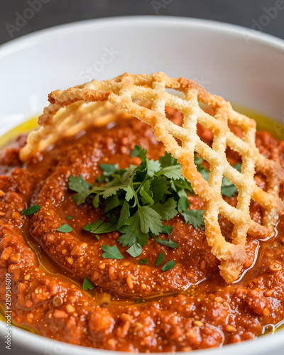Harissa dip topped with a thin crispy parmesan-style lattice, golden delicate lattice arching over the red-orange sauce, coriander and olive oil underneath, extreme macro camera perspective