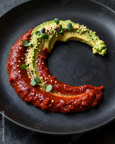 Harissa dip shaped into a smooth crescent moon, curved mound of crimson sauce on a matte black plate, avocado cream forming a smaller crescent beside it, sesame and microgreens along the curves