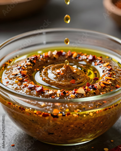 Harissa dip presented inside a translucent glass bowl, revealing the thick layered texture from the side, olive oil floating across the surface, chili flakes and herbs suspended visually above