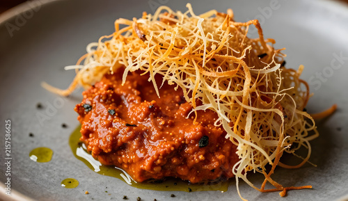 Harissa dip beneath a delicate dome of crispy kataifi pastry, golden shredded pastry partially revealing the red-orange sauce underneath, olive oil droplets and herbs around the base, extreme close-up