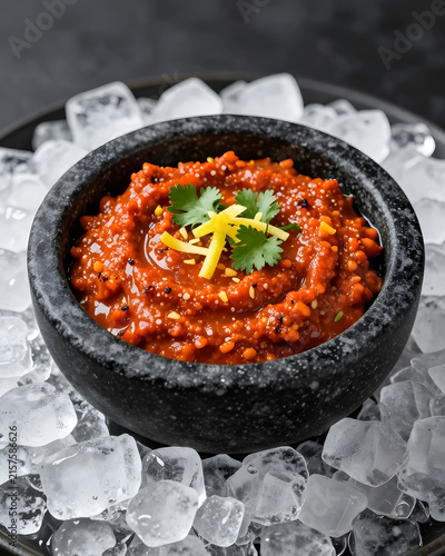 Harissa dip served inside a miniature black stone bowl surrounded by crushed ice, vibrant red-orange color contrasting dramatically with cool translucent ice, coriander and lemon zest on top