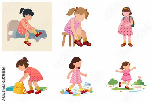 Little girl daily morning routine and back to school activities illustration set