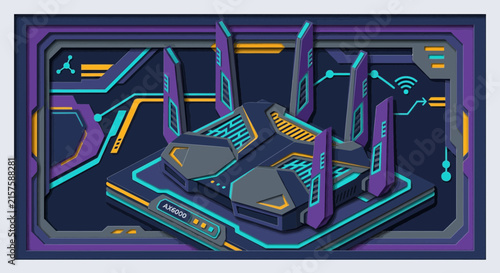 Futuristic Wi-Fi Router with Neon Accents and Circuitry Design