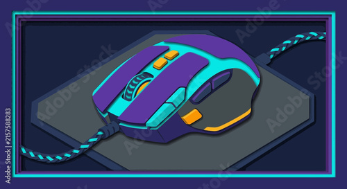 Gaming computer mouse with vibrant purple, teal, and orange accents, digital art illustration