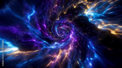 Colorful cosmic fractal particles spiral through a glowing abstract energy vortex.