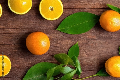 Fresh citrus fruit and green leaves on a warm surface