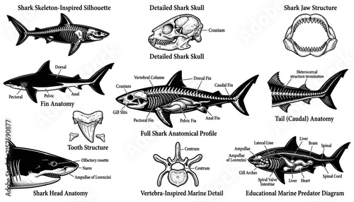 Foto Shark Anatomical Diagrams with Skeletal and Internal Structure Profiles
