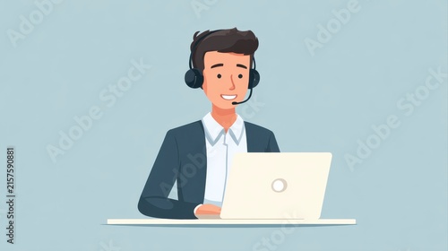 Man, portrait and headset at laptop or telemarketing at call centre or customer service, technical support or sales. Male person, face and contact us at help desk or crm, representative or consulting