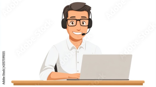 Man, portrait and headset at laptop or telemarketing at call centre or customer service, technical support or sales. Male person, face and contact us at help desk or crm, representative or consulting