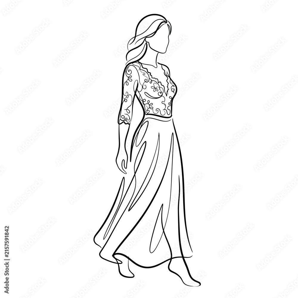 Fototapeta premium Elegant woman in flowing dress line art