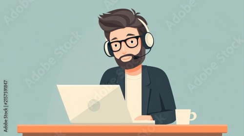Man, portrait and headset at laptop or telemarketing at call centre or customer service, technical support or sales. Male person, face and contact us at help desk or crm, representative or consulting