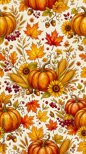 Seamless autumn harvest pattern with pumpkins, corn, sunflowers, fall leaves, and berries on a light background.