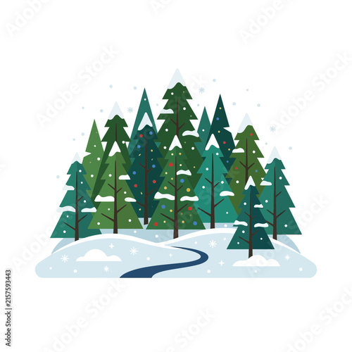 Flat illustration of a snowy pine forest with decorated Christmas trees in a winter landscape.
