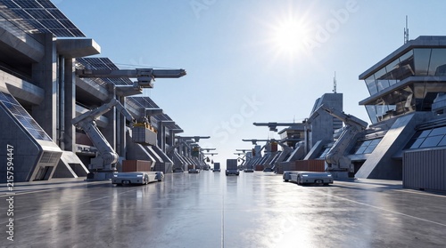 Futuristic Cyberpunk Sci Fi Cityscape Architecture under Clear Blue Sky