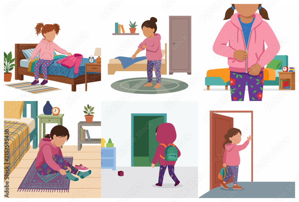 Fototapeta premium Little Girl Getting Ready for School Morning Routine Illustration Set