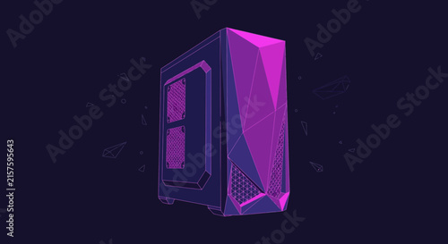 Futuristic computer case with geometric polygonal design, purple and pink.