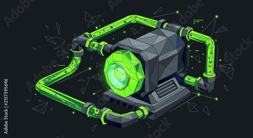 Futuristic energy machine with glowing pipes and geometric background