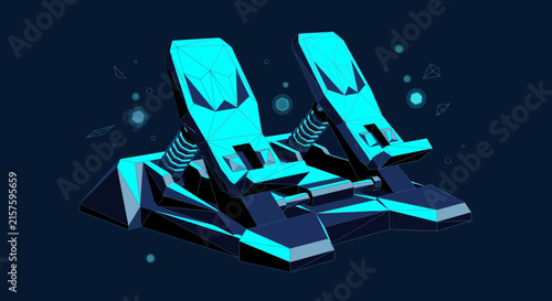 Futuristic gaming pedals, low poly, neon blue and black, dark background.