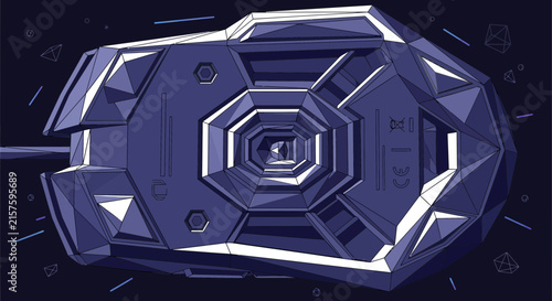 Futuristic geometric spaceship interior, sci-fi tunnel, low poly design