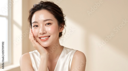 Beautiful Korean woman with glowing skin smiling for skincare beauty banner and wellness brand advertisement concepts.
