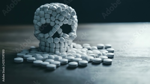 Skull made of pills, symbolizing drug overdose and the dangers of medication abuse.