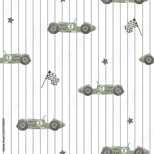 Vintage Green Racing Car Seamless Pattern with Checkered Flags and Stripes