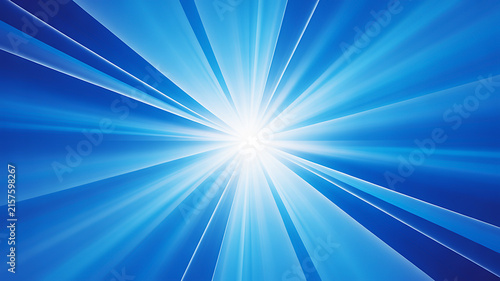 A vibrant blue and white radial sunburst background featuring dynamic light rays emanating from a central point of brilliant glowing energy
