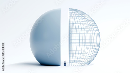 Man standing between solid sphere and wireframe grid hemisphere, inside vs outside, reality vs structure and data driven world concept, 3d render