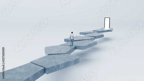 Man walking on winding stone slabs path leading to glowing open door, journey, milestone and reaching the goal in life and career, 3d render