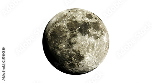 Detailed lunar surface featuring visible craters against a clean isolated solid white background