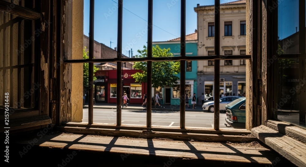 Fototapeta premium A distressed, aged wooden window frame and sill with sturdy dark metal vertical security bars, featuring textured and peeling paint, providing a framed interior, isolated on transparent background.